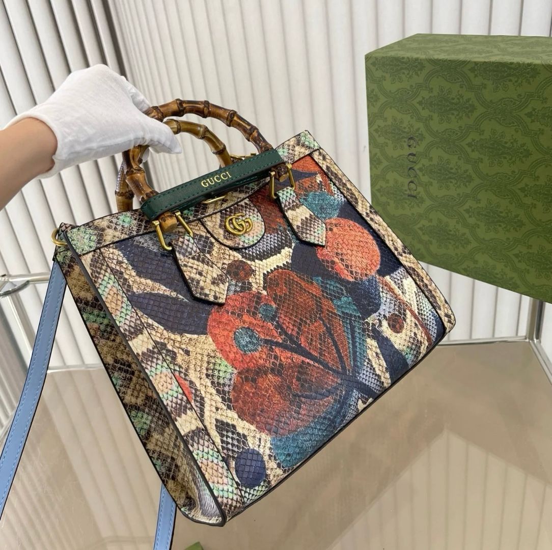 Gucci Diana Medium Snakeskin Floral Print Women's Tote Bag with Bamboo Handles