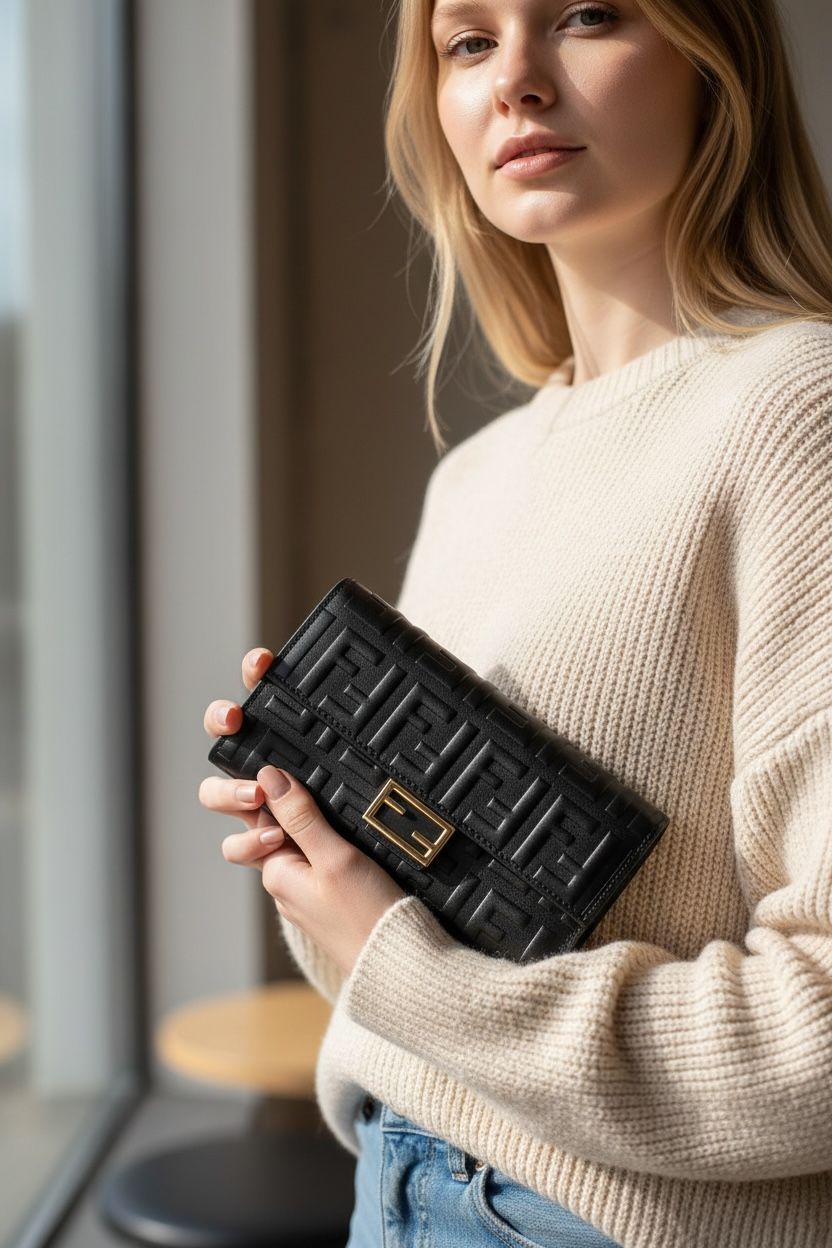 Fendi Baguette Continental Black Leather Women's Shoulder Bag