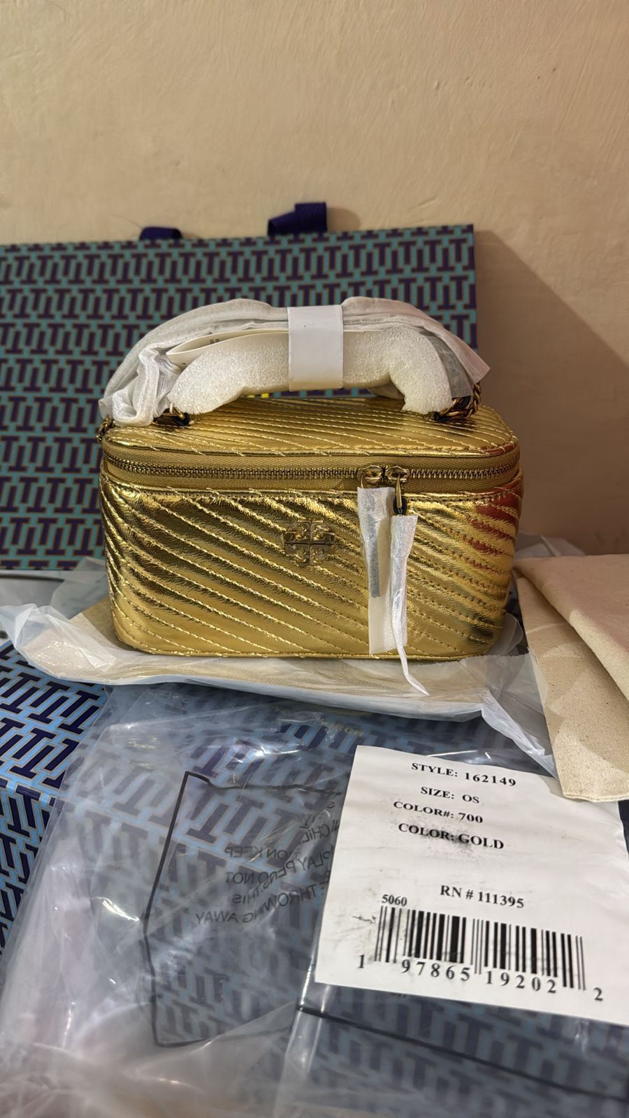 Tory Burch Kira Metallic Moto Quilt Gold Vanity Bag For Women - Image 3