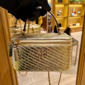 Tory Burch Kira Metallic Moto Quilt Gold Vanity Bag For Women
