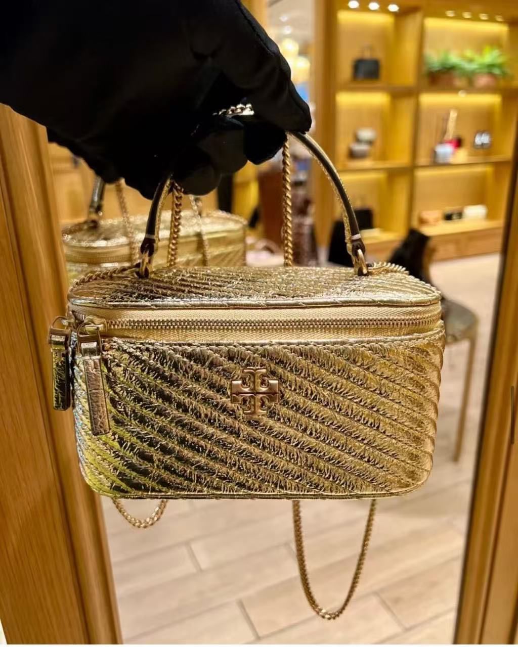 Tory Burch Kira Metallic Moto Quilt Gold Vanity Bag For Women