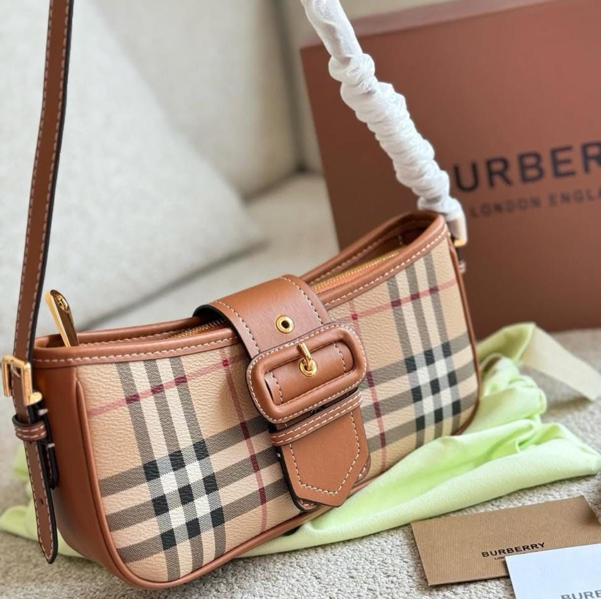 Burberry Vintage Check Canvas & Leather Small Baguette Sling Shoulder Bag For Women