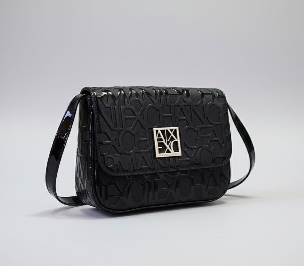 Armani Exchange All-Over Logo Embossed Flap Shoulder Bag